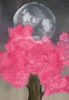 Schülerzeichnung: Rosa Baum verdeckt dunklen Himmel mit düsterem Mond