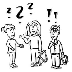 Grafik: drei Lehrkräfte, die miteinander diskutieren; Frage- und Ausrufezeichen als Symbole für Fragen und Antworten